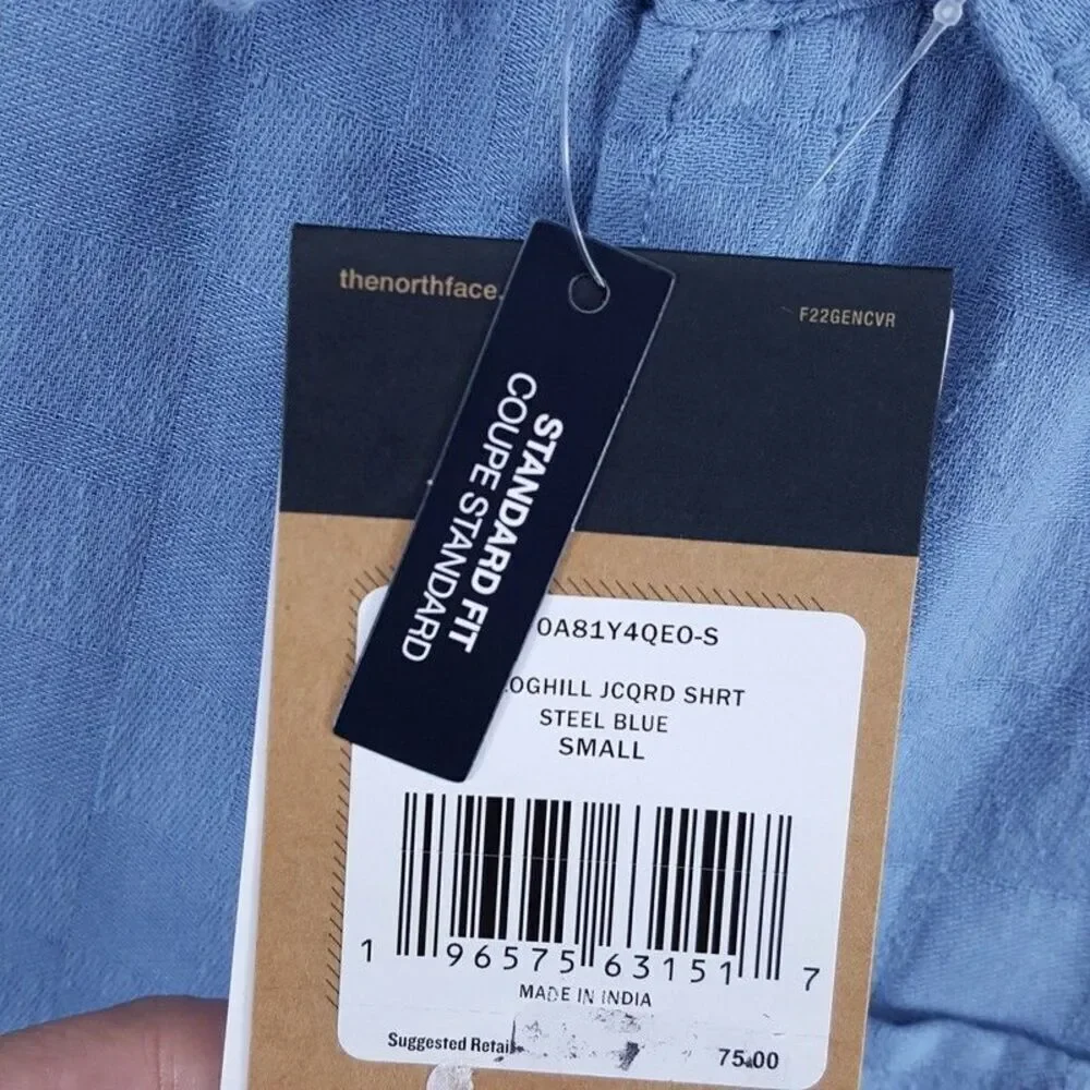 THE NORTH FACE Shirt Mens Small Blue Button Up Cotton Hemp LOGHILL JACQUARD